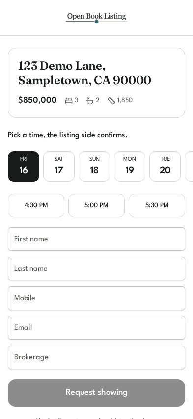 What the agent does: One link books the showing, captured from a demo listing