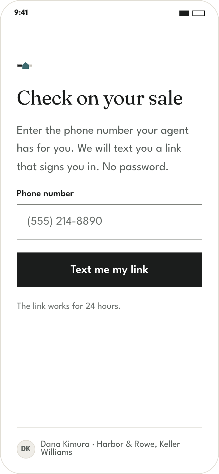 Seller sign-in by text link, no password